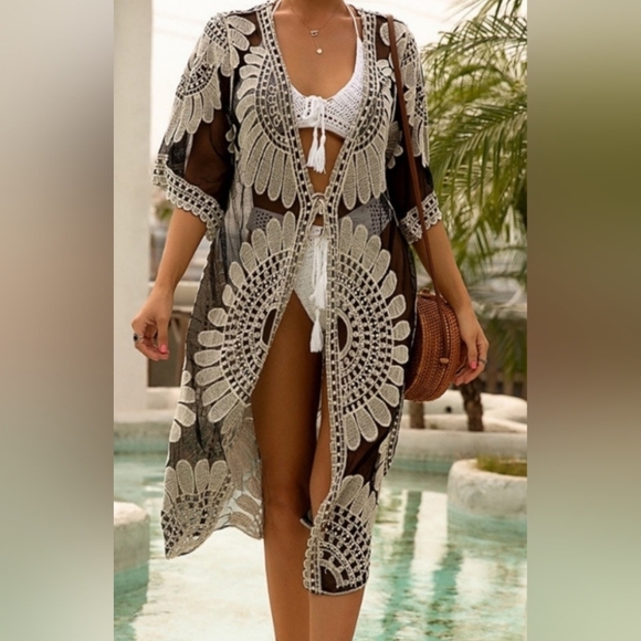NEW Western Black White Sheer Floral Tribal Embroidered Summer Cover-Up (#1,310) - Picture 8 of 10